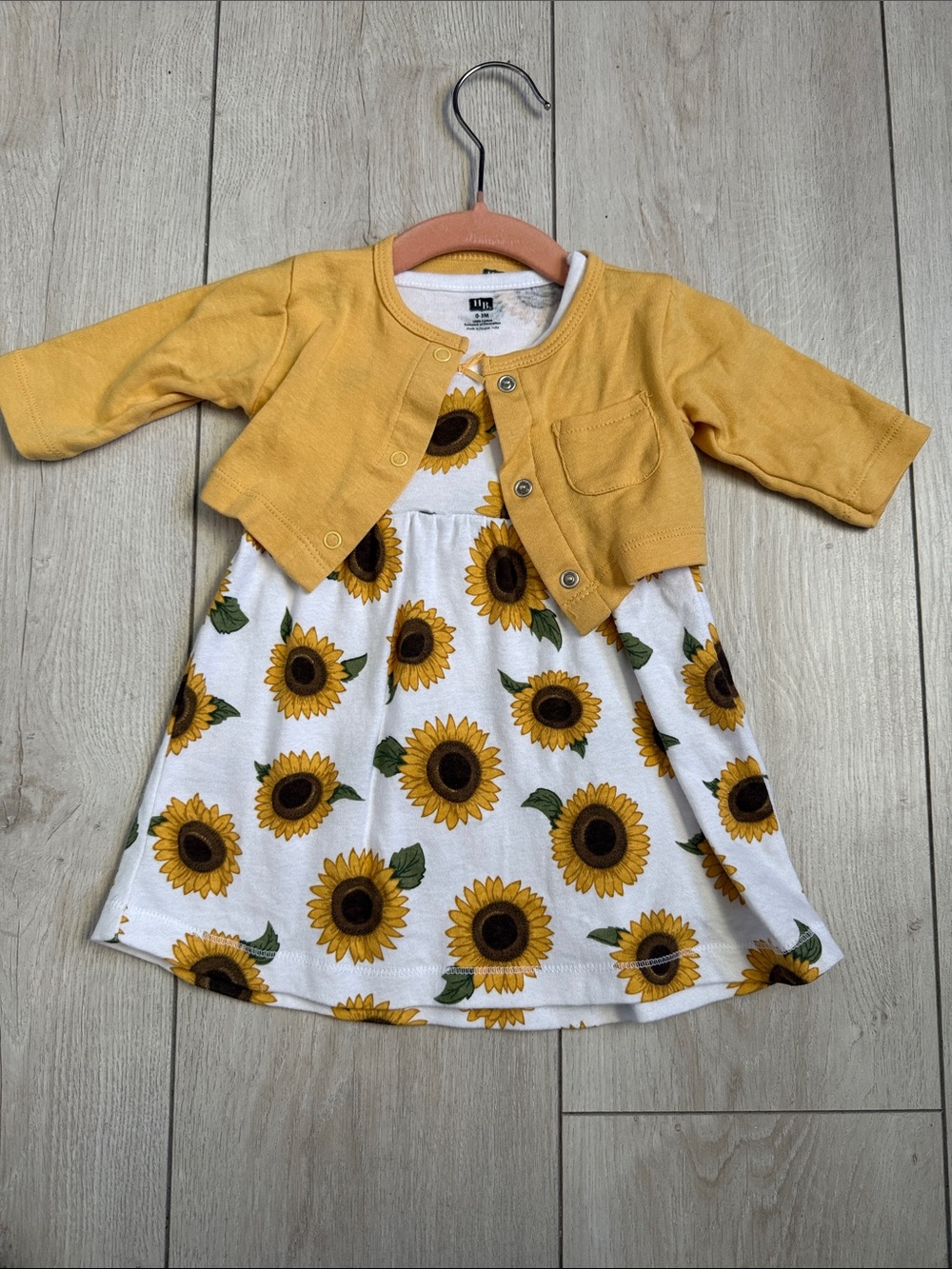 Sunflower Print Cotton Dress with Yellow Cardigan - baby